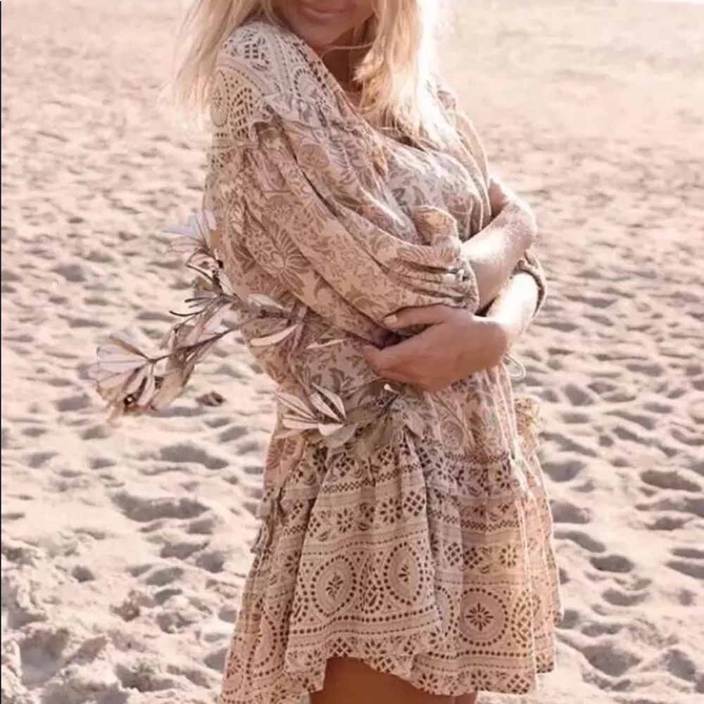 Island Boho Gypsy Paisley Floral Cotton Shift Dress In Tan, Tassel Belt Tie
